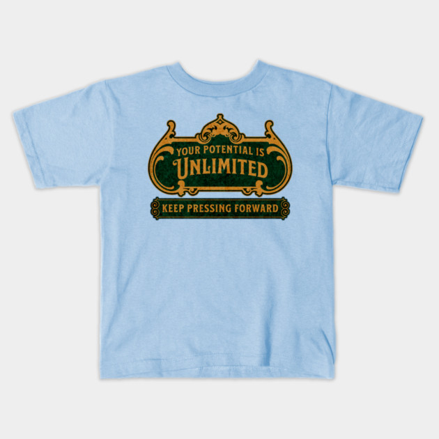 Unlimited Potential – Vintage Inspirational Typography Design Kids T-Shirt by The Punny Grocer