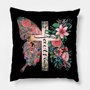 Faith Cross Flower Butterfly Christian Vintage Pillow