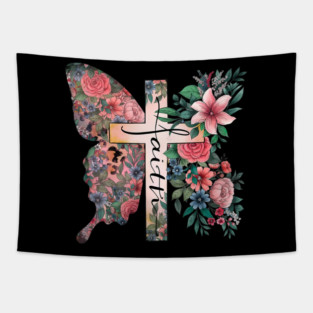 Faith Cross Flower Butterfly Christian Vintage Tapestry