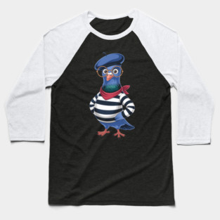 Funny French Pigeon Cartoon Beret Glasses Striped Baseball T-Shirt