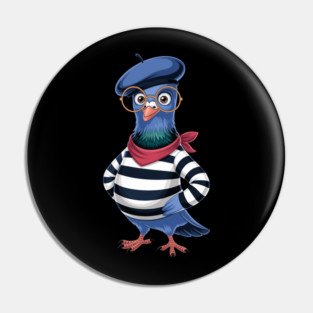 Funny French Pigeon Cartoon Beret Glasses Striped Pin