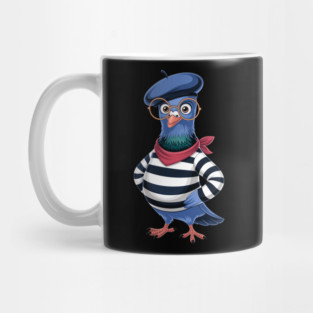 Funny French Pigeon Cartoon Beret Glasses Striped Mug