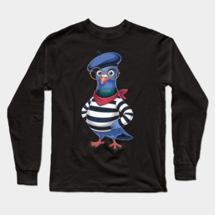 Funny French Pigeon Cartoon Beret Glasses Striped Long Sleeve T-Shirt