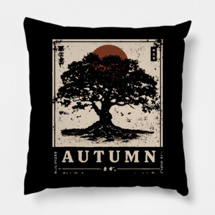 Autumn Oak Wabi Sabi Woodblock Print - Liminal Nature Art Pillow