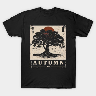 Autumn Oak Wabi Sabi Woodblock Print - Liminal Nature Art T-Shirt