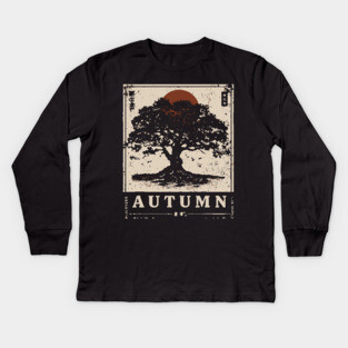 Autumn Oak Wabi Sabi Woodblock Print - Liminal Nature Art Kids Long Sleeve T-Shirt