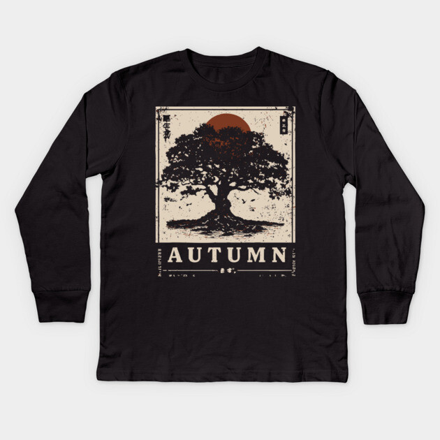 Autumn Oak Wabi Sabi Woodblock Print - Liminal Nature Art Kids Long Sleeve T-Shirt by TuncGK