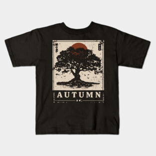 Autumn Oak Wabi Sabi Woodblock Print - Liminal Nature Art Kids T-Shirt