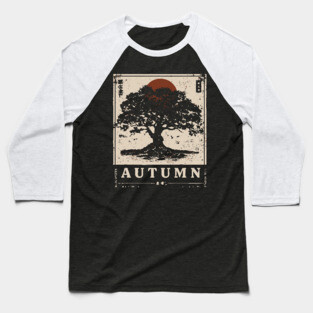 Autumn Oak Wabi Sabi Woodblock Print - Liminal Nature Art Baseball T-Shirt