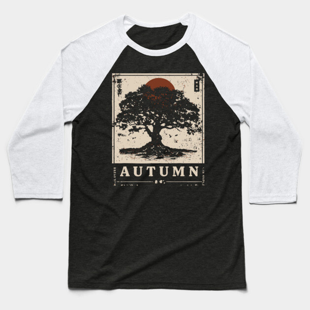 Autumn Oak Wabi Sabi Woodblock Print - Liminal Nature Art Baseball T-Shirt by TuncGK