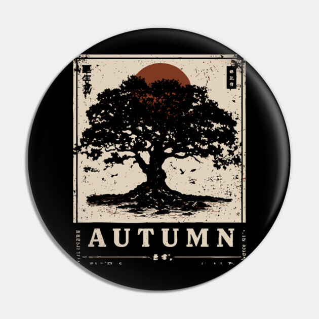 Autumn Oak Wabi Sabi Woodblock Print - Liminal Nature Art Pin by TuncGK