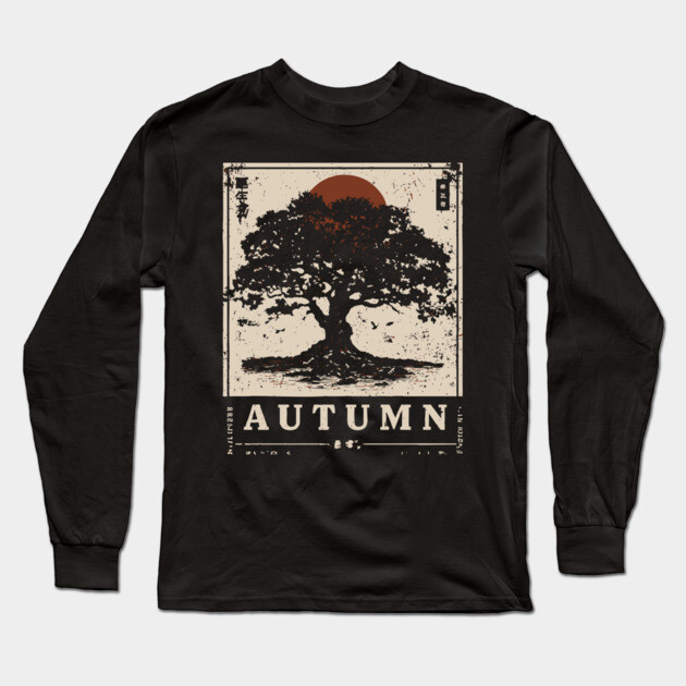 Autumn Oak Wabi Sabi Woodblock Print - Liminal Nature Art Long Sleeve T-Shirt by TuncGK