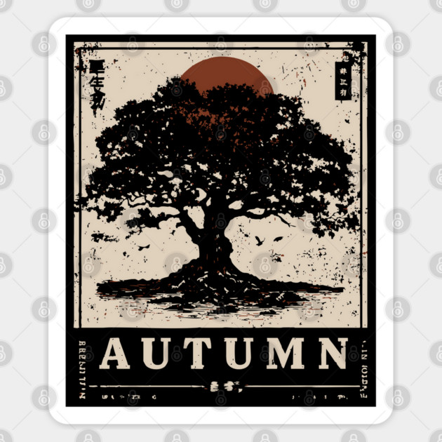 Autumn Oak Wabi Sabi Woodblock Print - Liminal Nature Art Sticker by TuncGK