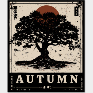 Autumn Oak Wabi Sabi Woodblock Print - Liminal Nature Art Posters and Art