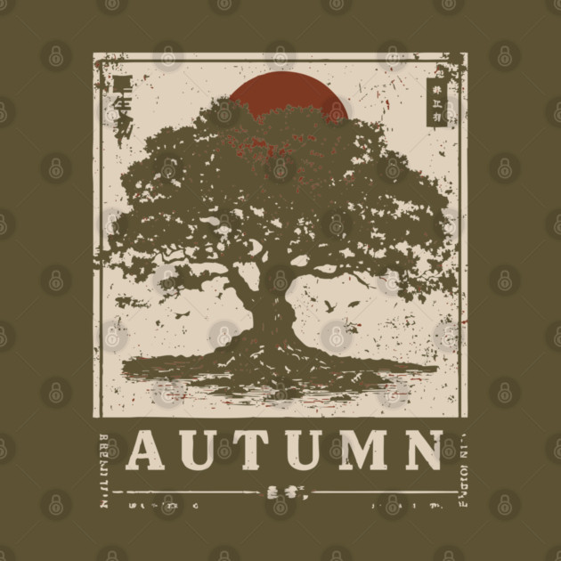 Autumn Oak Wabi Sabi Woodblock Print - Liminal Nature Art by TuncGK