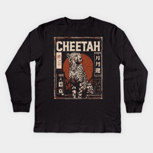 Cheetah Portrait - Dark Academia Wildlife Screenprint Kids Long Sleeve T-Shirt