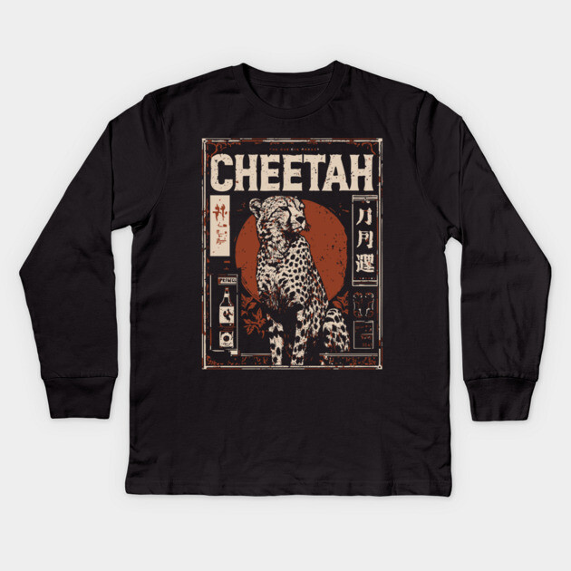 Cheetah Portrait - Dark Academia Wildlife Screenprint Kids Long Sleeve T-Shirt by TuncGK