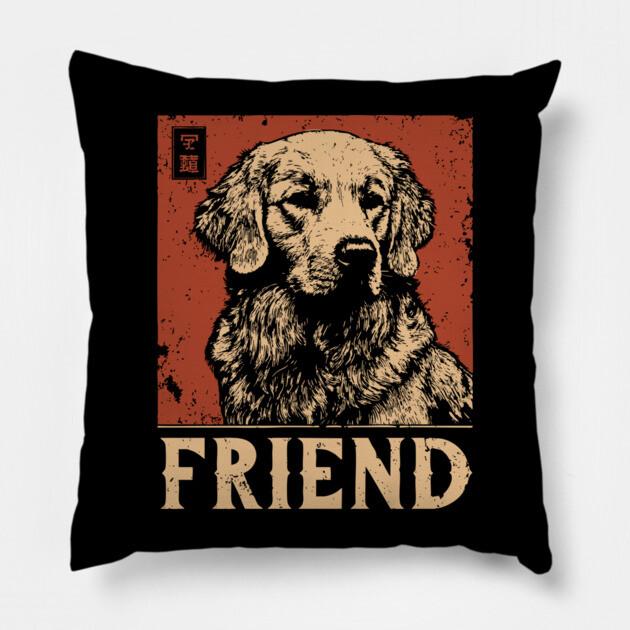 Golden Retriever Companion - Vintage Screenprint Dog Art Pillow by TuncGK