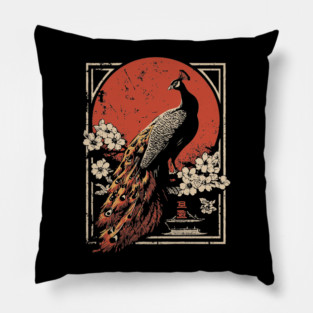 Peacock Garden Print - Japanese Woodblock Mythpunk Bird Art Pillow