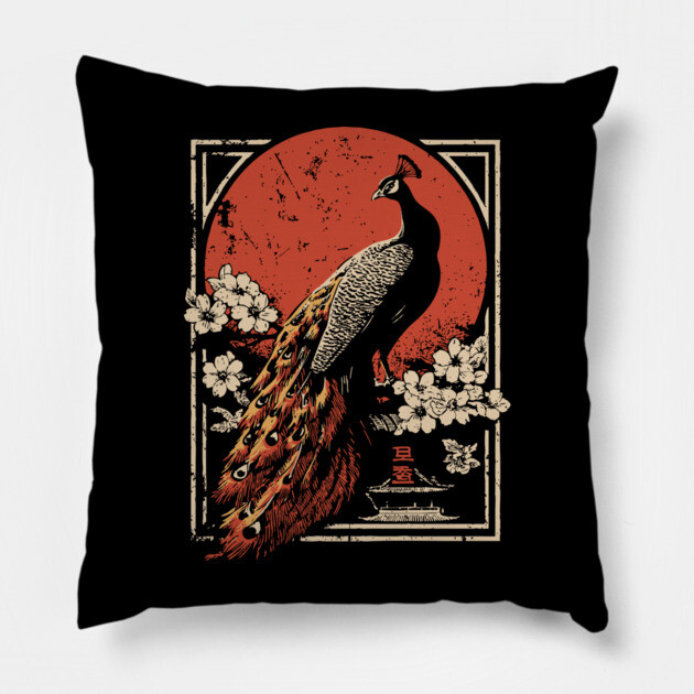 Peacock Garden Print - Japanese Woodblock Mythpunk Bird Art Pillow by TuncGK