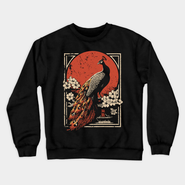 Peacock Garden Print - Japanese Woodblock Mythpunk Bird Art Crewneck Sweatshirt by TuncGK