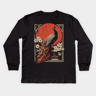 Peacock Garden Print - Japanese Woodblock Mythpunk Bird Art Kids Long Sleeve T-Shirt