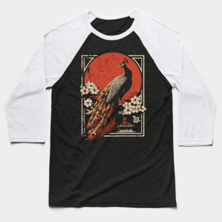 Peacock Garden Print - Japanese Woodblock Mythpunk Bird Art Baseball T-Shirt