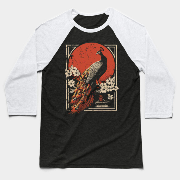 Peacock Garden Print - Japanese Woodblock Mythpunk Bird Art Baseball T-Shirt by TuncGK