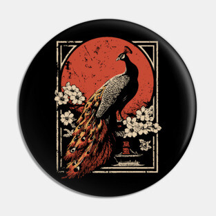 Peacock Garden Print - Japanese Woodblock Mythpunk Bird Art Pin