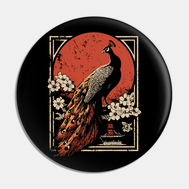 Peacock Garden Print - Japanese Woodblock Mythpunk Bird Art Pin by TuncGK