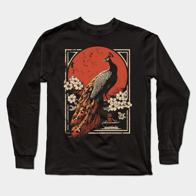 Peacock Garden Print - Japanese Woodblock Mythpunk Bird Art Long Sleeve T-Shirt by TuncGK