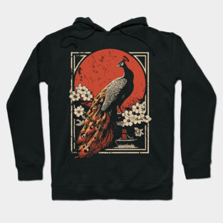 Peacock Garden Print - Japanese Woodblock Mythpunk Bird Art Hoodie