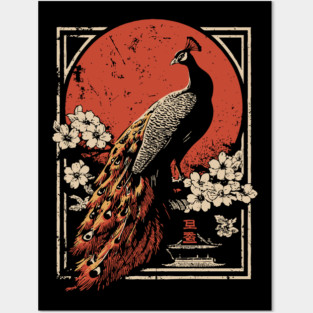 Peacock Garden Print - Japanese Woodblock Mythpunk Bird Art Posters and Art