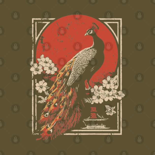 Peacock Garden Print - Japanese Woodblock Mythpunk Bird Art by TuncGK