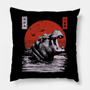 Roaring Hippo River Beast - African Mythpunk Propaganda Art Pillow