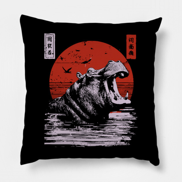 Roaring Hippo River Beast - African Mythpunk Propaganda Art Pillow by TuncGK