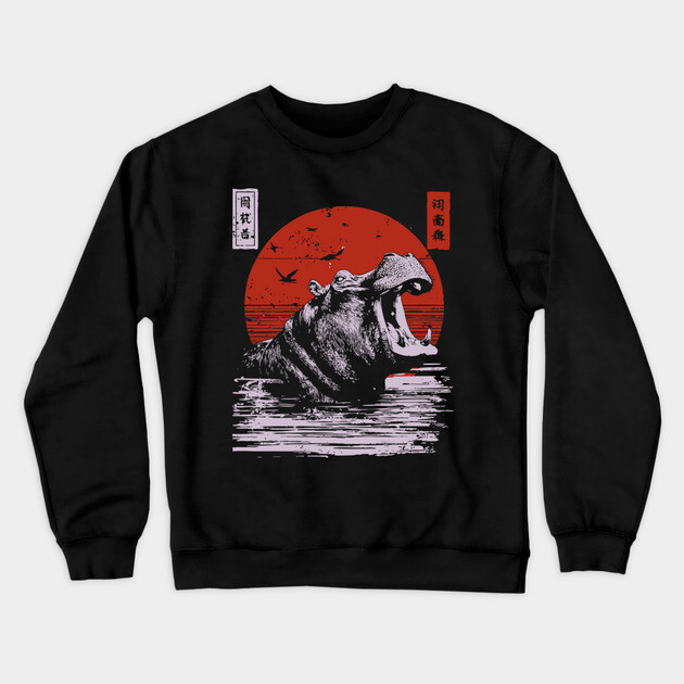 Roaring Hippo River Beast - African Mythpunk Propaganda Art Crewneck Sweatshirt by TuncGK