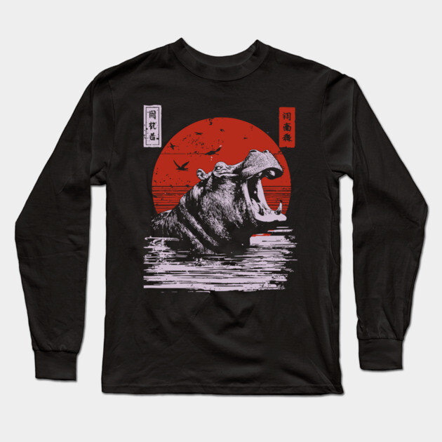 Roaring Hippo River Beast - African Mythpunk Propaganda Art Long Sleeve T-Shirt by TuncGK