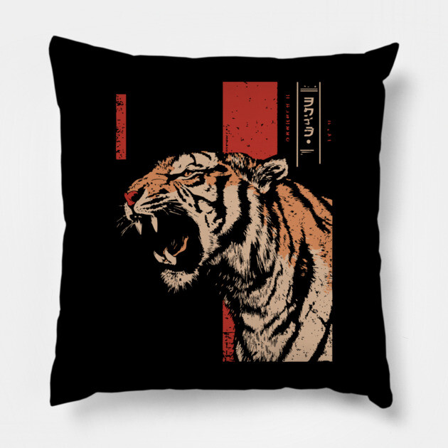 Roaring Tiger Fury - Tech Noir Predator Screenprint Pillow by TuncGK