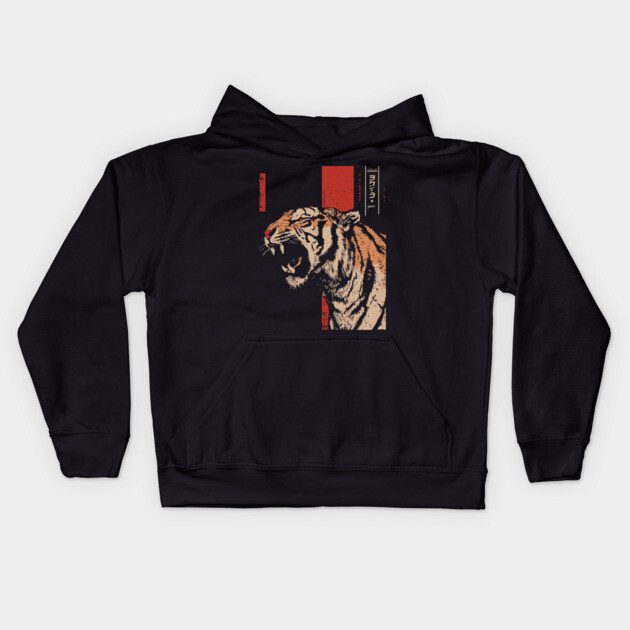 Roaring Tiger Fury - Tech Noir Predator Screenprint Kids Hoodie by TuncGK