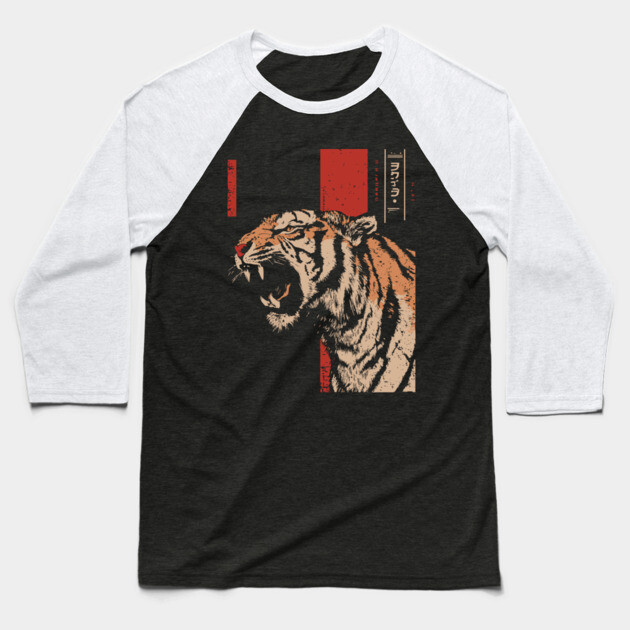 Roaring Tiger Fury - Tech Noir Predator Screenprint Baseball T-Shirt by TuncGK