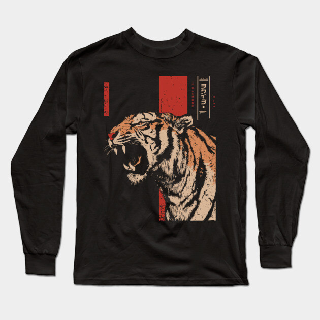 Roaring Tiger Fury - Tech Noir Predator Screenprint Long Sleeve T-Shirt by TuncGK