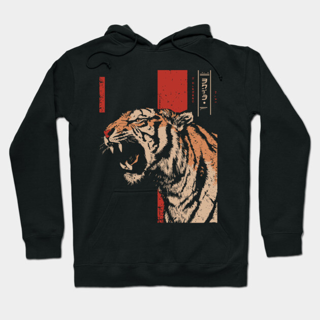 Roaring Tiger Fury - Tech Noir Predator Screenprint Hoodie by TuncGK