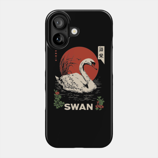 Swan Lake Woodblock - Japanese Wabi Sabi Water Bird Art Phone Case by TuncGK