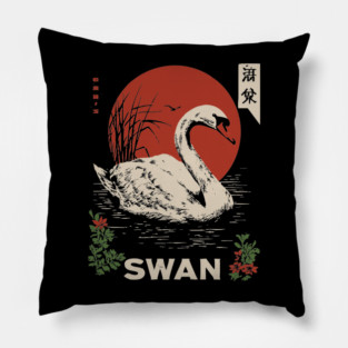 Swan Lake Woodblock - Japanese Wabi Sabi Water Bird Art Pillow