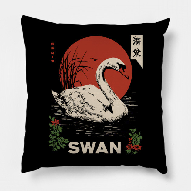 Swan Lake Woodblock - Japanese Wabi Sabi Water Bird Art Pillow by TuncGK