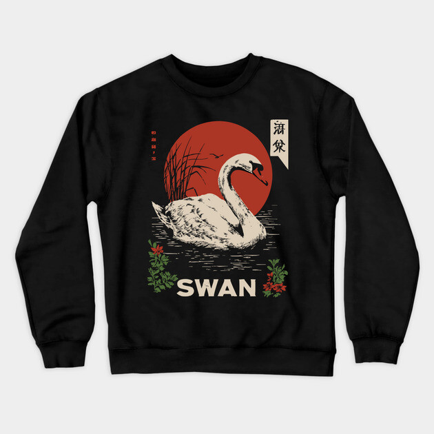 Swan Lake Woodblock - Japanese Wabi Sabi Water Bird Art Crewneck Sweatshirt by TuncGK
