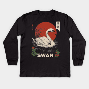 Swan Lake Woodblock - Japanese Wabi Sabi Water Bird Art Kids Long Sleeve T-Shirt