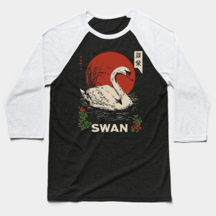 Swan Lake Woodblock - Japanese Wabi Sabi Water Bird Art Baseball T-Shirt