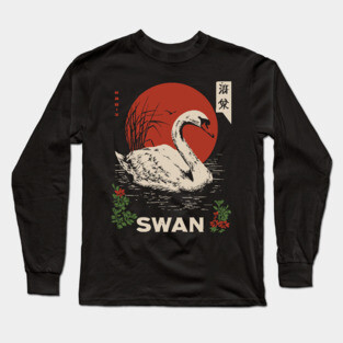 Swan Lake Woodblock - Japanese Wabi Sabi Water Bird Art Long Sleeve T-Shirt